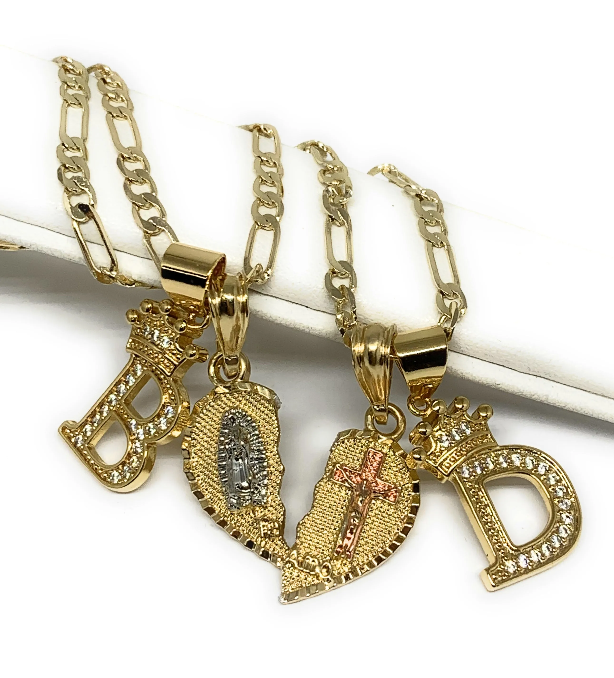 GOLD PLATED TRI-COLOR VIRGIN MARY & CHRIST TE AMO HEART SPLIT PENDANT & CROWN INITIAL LETTER TWO NECKLACE SET 24