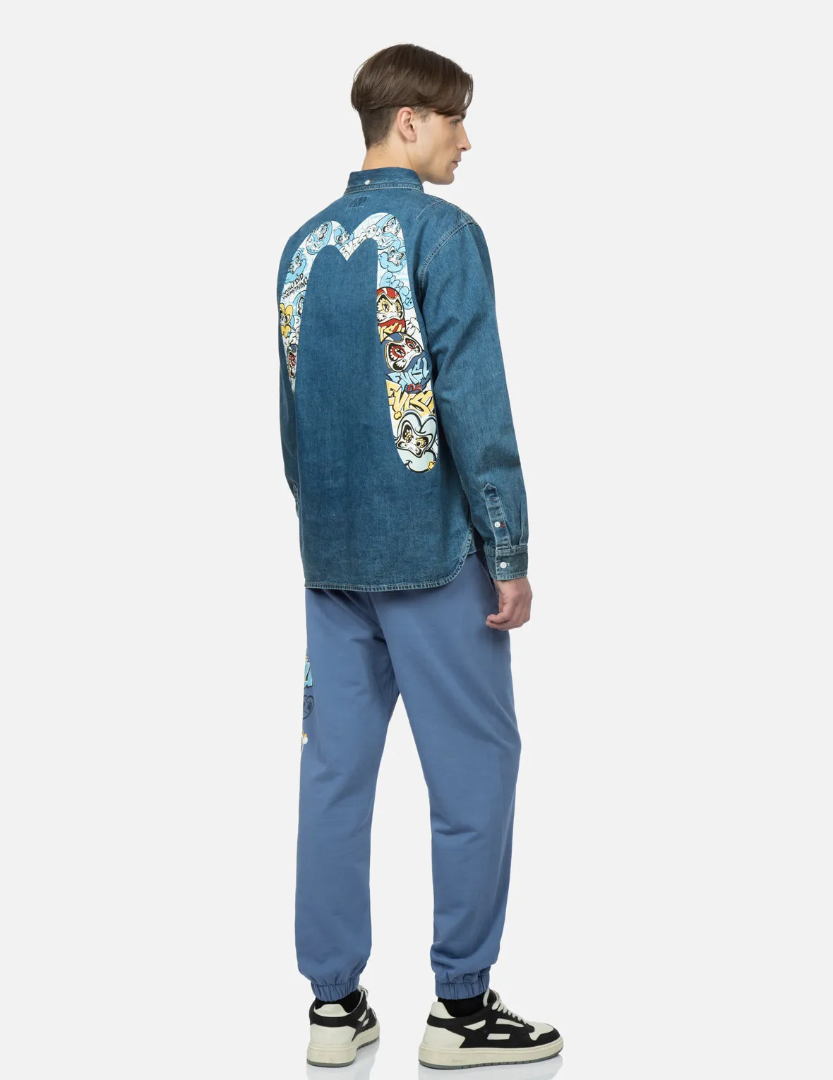 Graffiti Daruma Daicock Print Denim Shirt