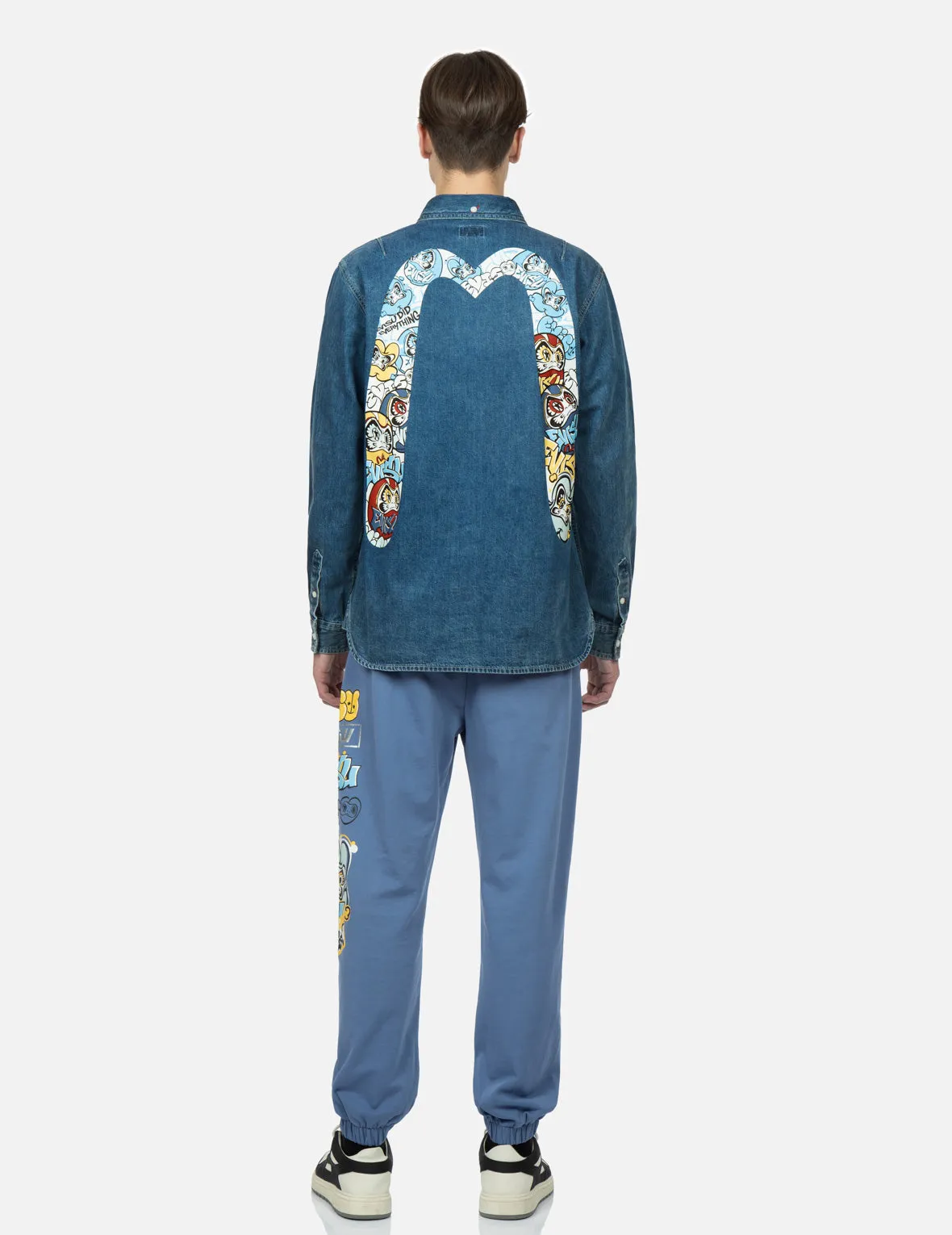 Graffiti Daruma Daicock Print Denim Shirt