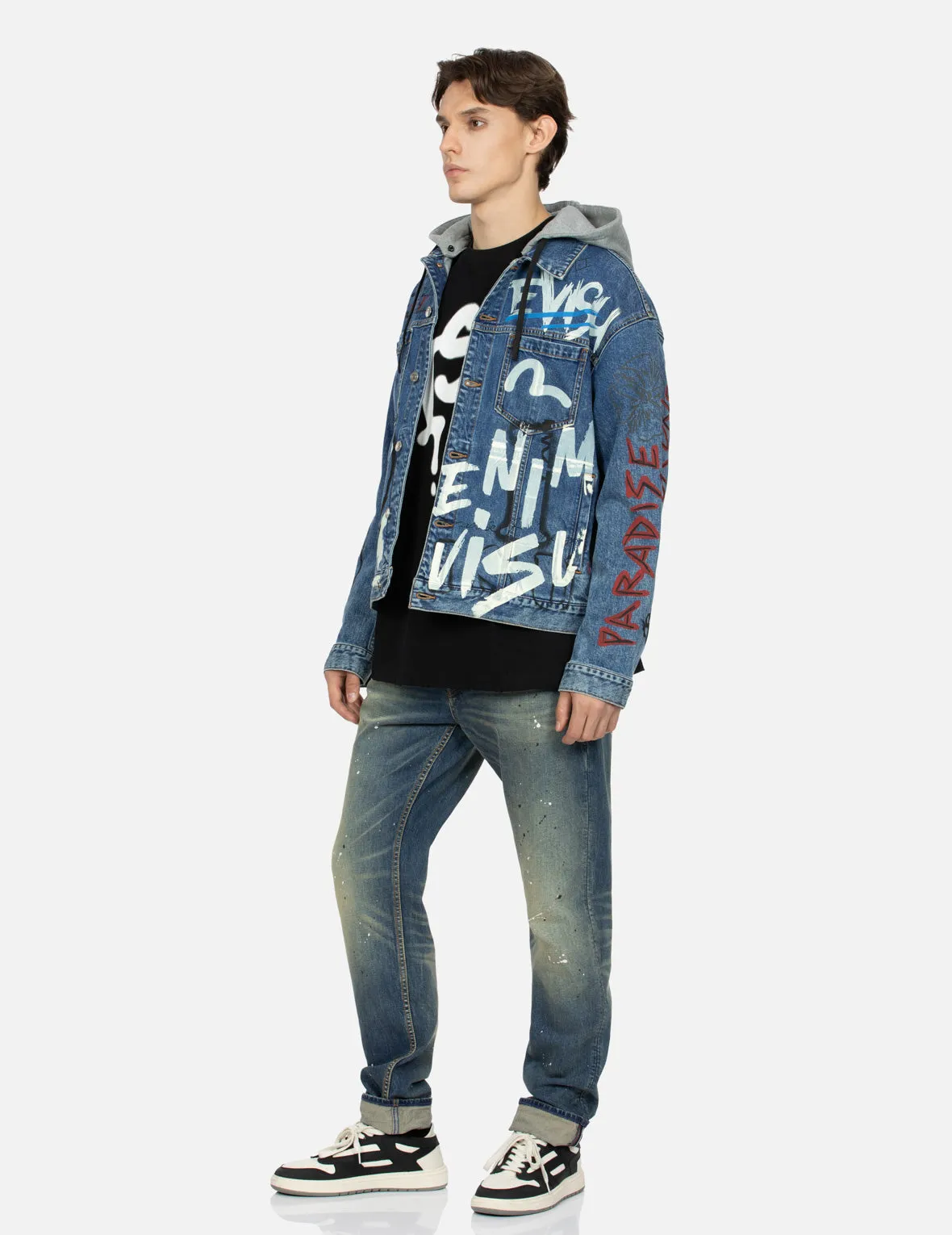 Graffiti Print Loose Fit Hooded Denim Jacket