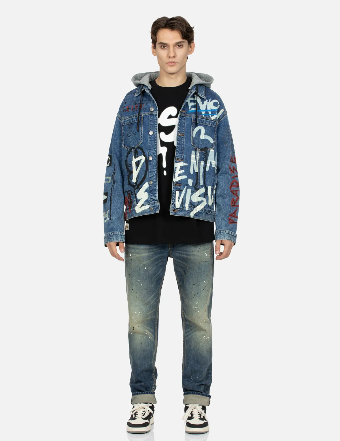 Graffiti Print Loose Fit Hooded Denim Jacket