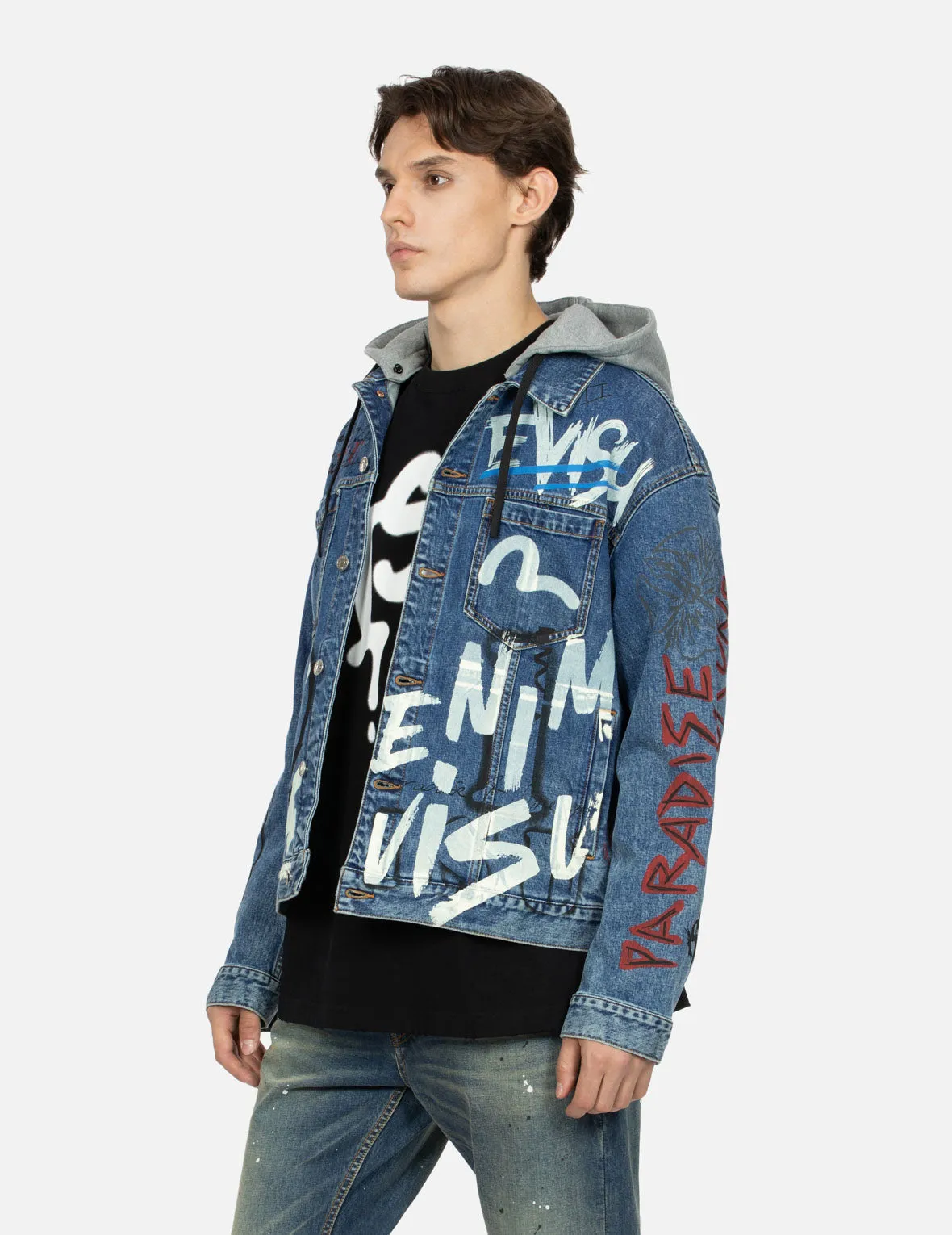 Graffiti Print Loose Fit Hooded Denim Jacket