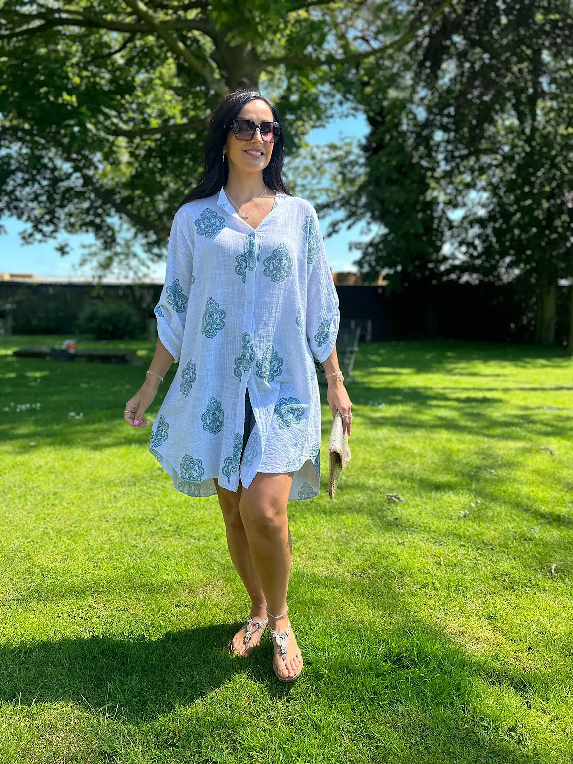 Green Floral Damask Longline Shirt Orla