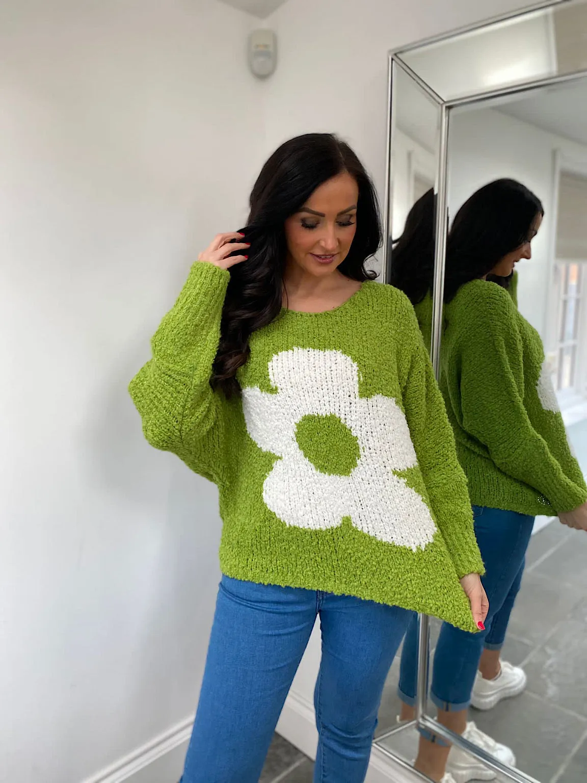 Green Floral Popcorn Knit Jumper - Delilah