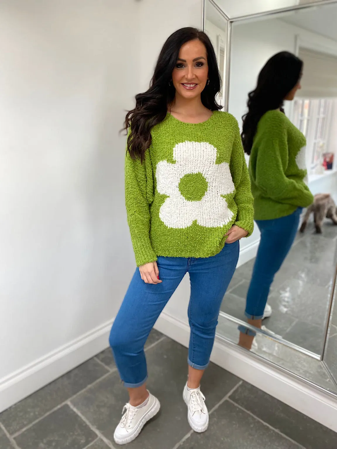 Green Floral Popcorn Knit Jumper - Delilah