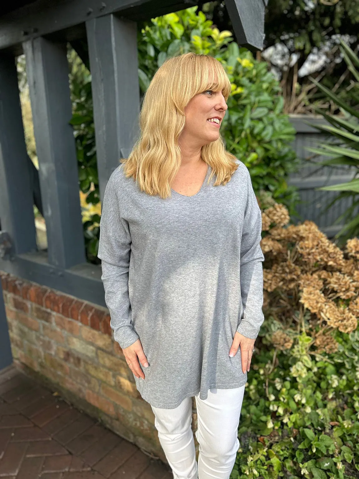 Grey Fine Knit V Neck Sweater - Nicole