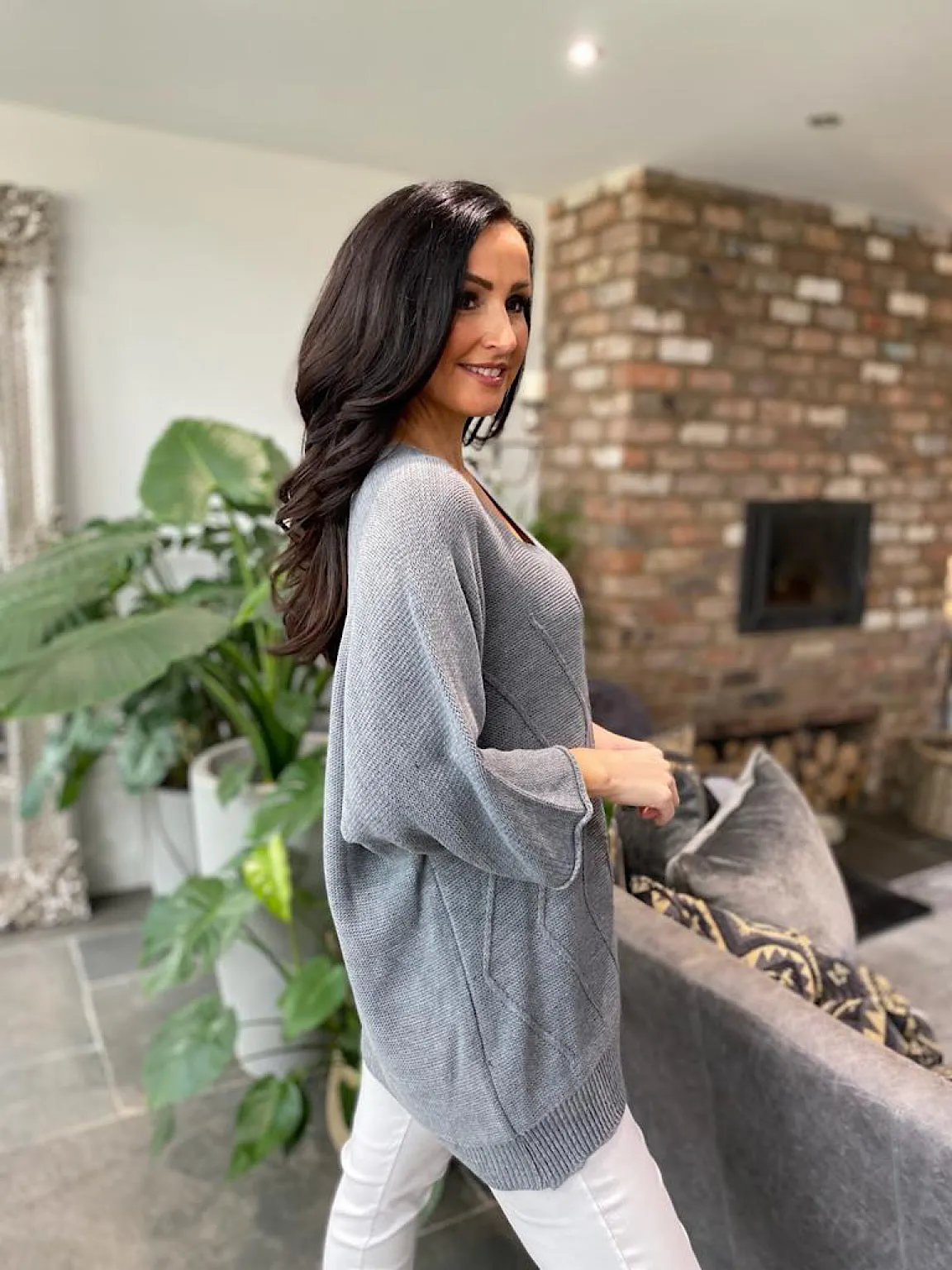 Gray Chevron Pattern Knit Off-Shoulder Top