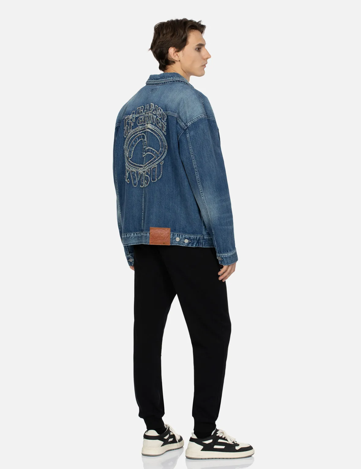 Grunge Style Logo and Seagull Appliqué Loose Fit Denim Jacket