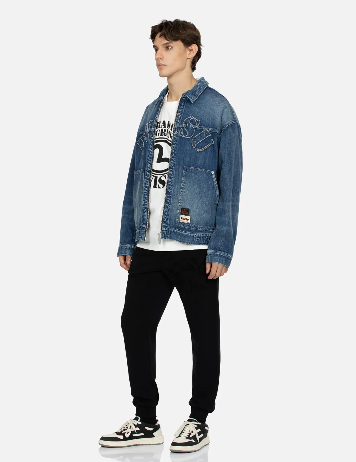 Grunge Style Logo and Seagull Appliqué Loose Fit Denim Jacket