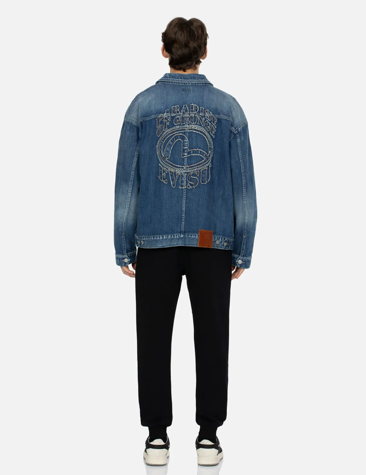 Grunge Style Logo and Seagull Appliqué Loose Fit Denim Jacket