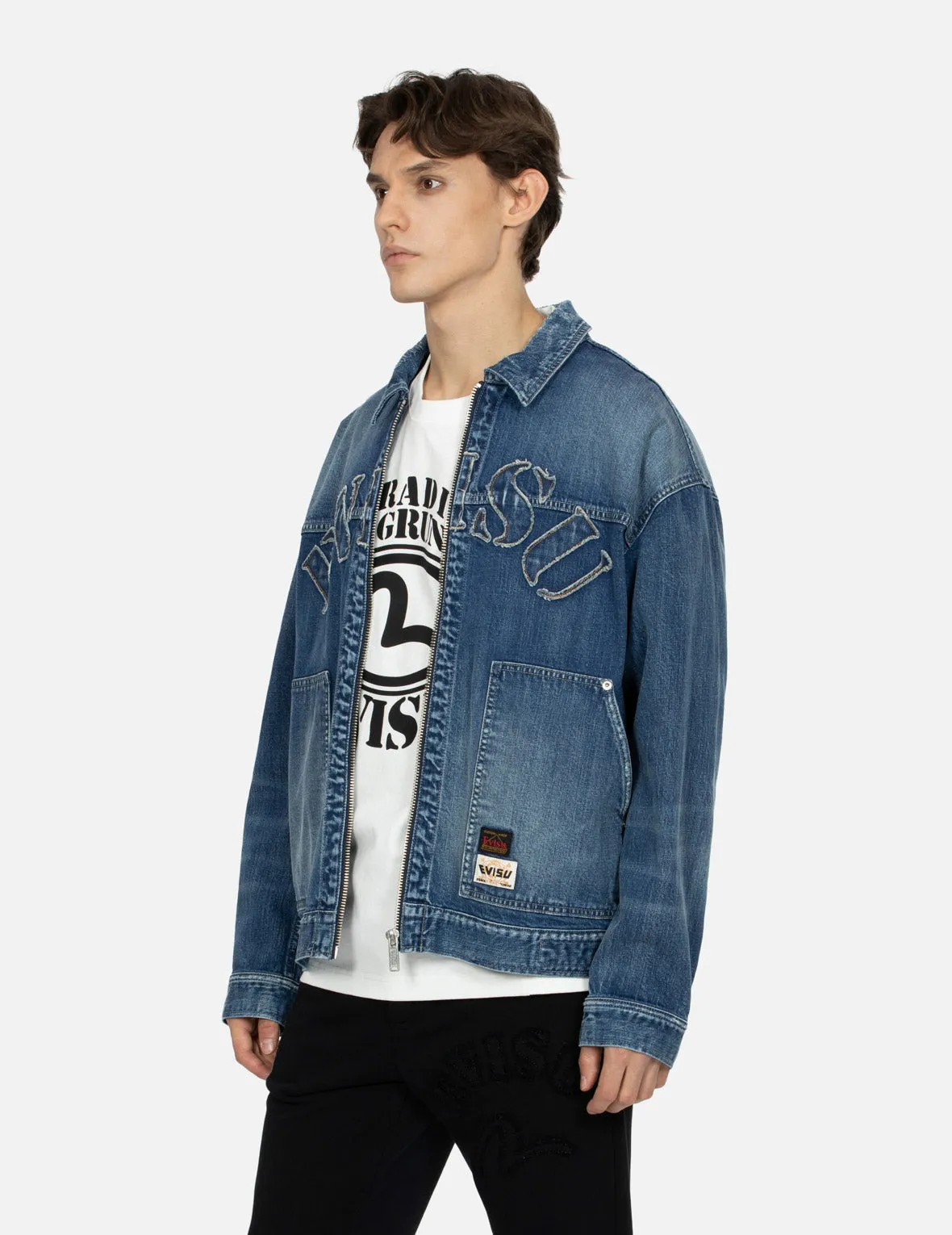 Grunge Style Logo and Seagull Appliqué Loose Fit Denim Jacket