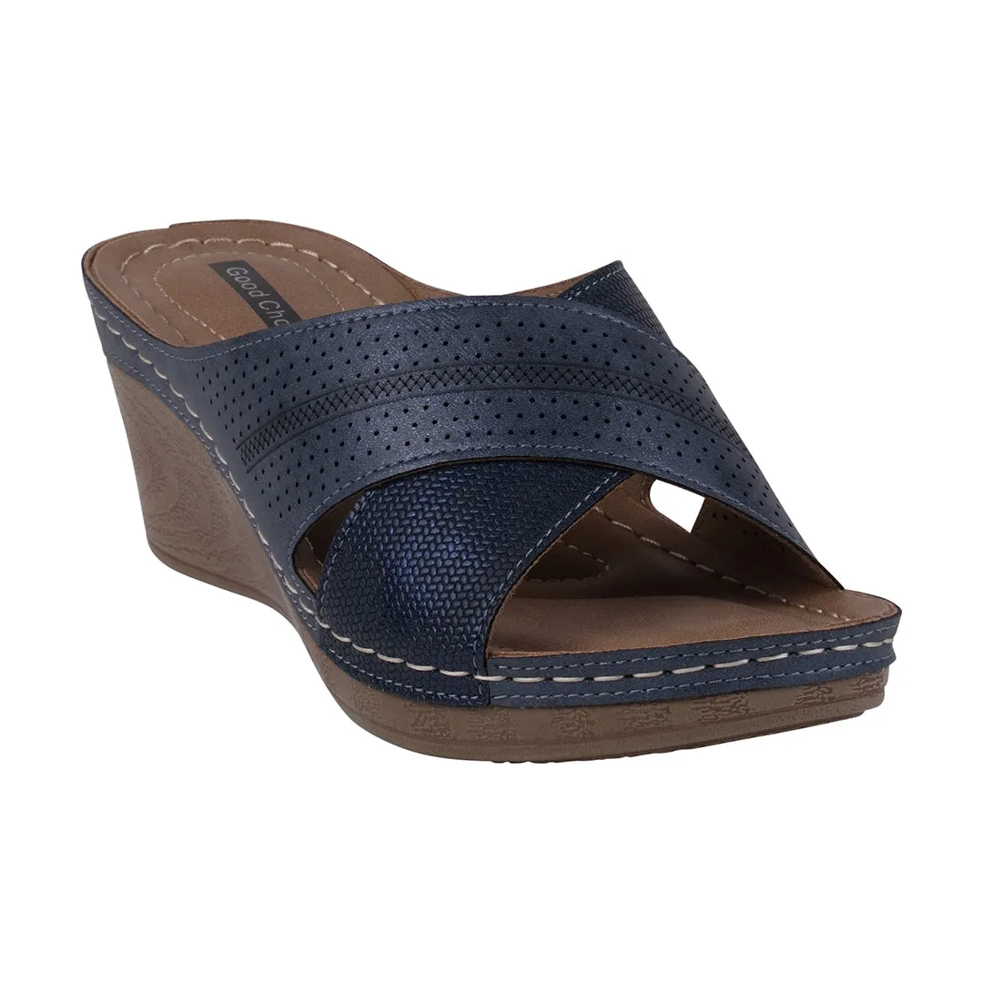 Hayden Perforated Navy Contrast Cross Strap Wedge Sandals