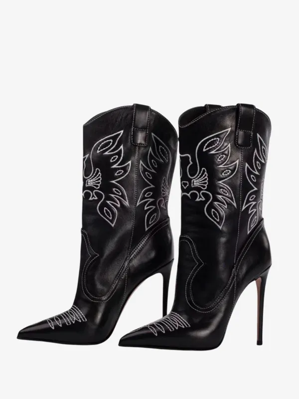 High Heel Pointed Toe Black Cowgirl Ankle Boots for Women