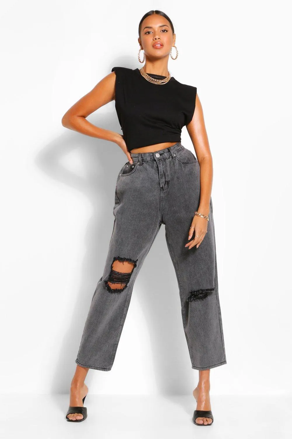 High Rise Acid Wash Distressed Mom Jeans