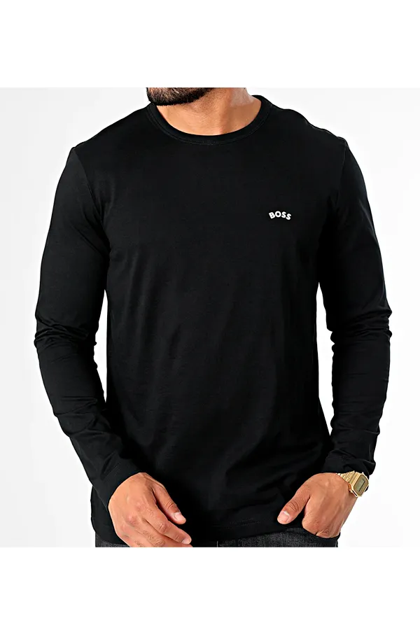 Hugo Boss Long Sleeve T-Shirt with Curved Logo in Black