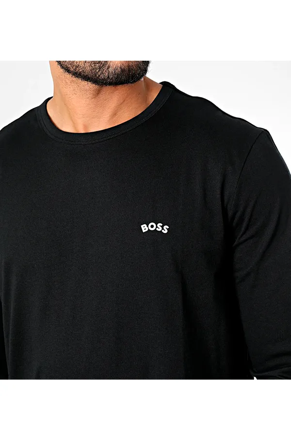 Hugo Boss Long Sleeve T-Shirt with Curved Logo in Black