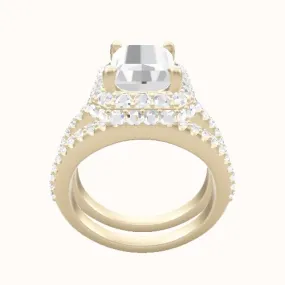 Illusion Shank Engagement Ring with Low Set Waterfall Halo Head and Matching Band