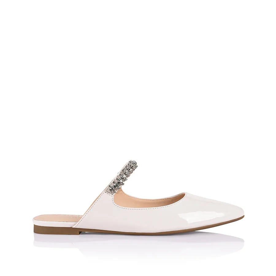 Isabel Crystal Flat Mules - Ivory Patent