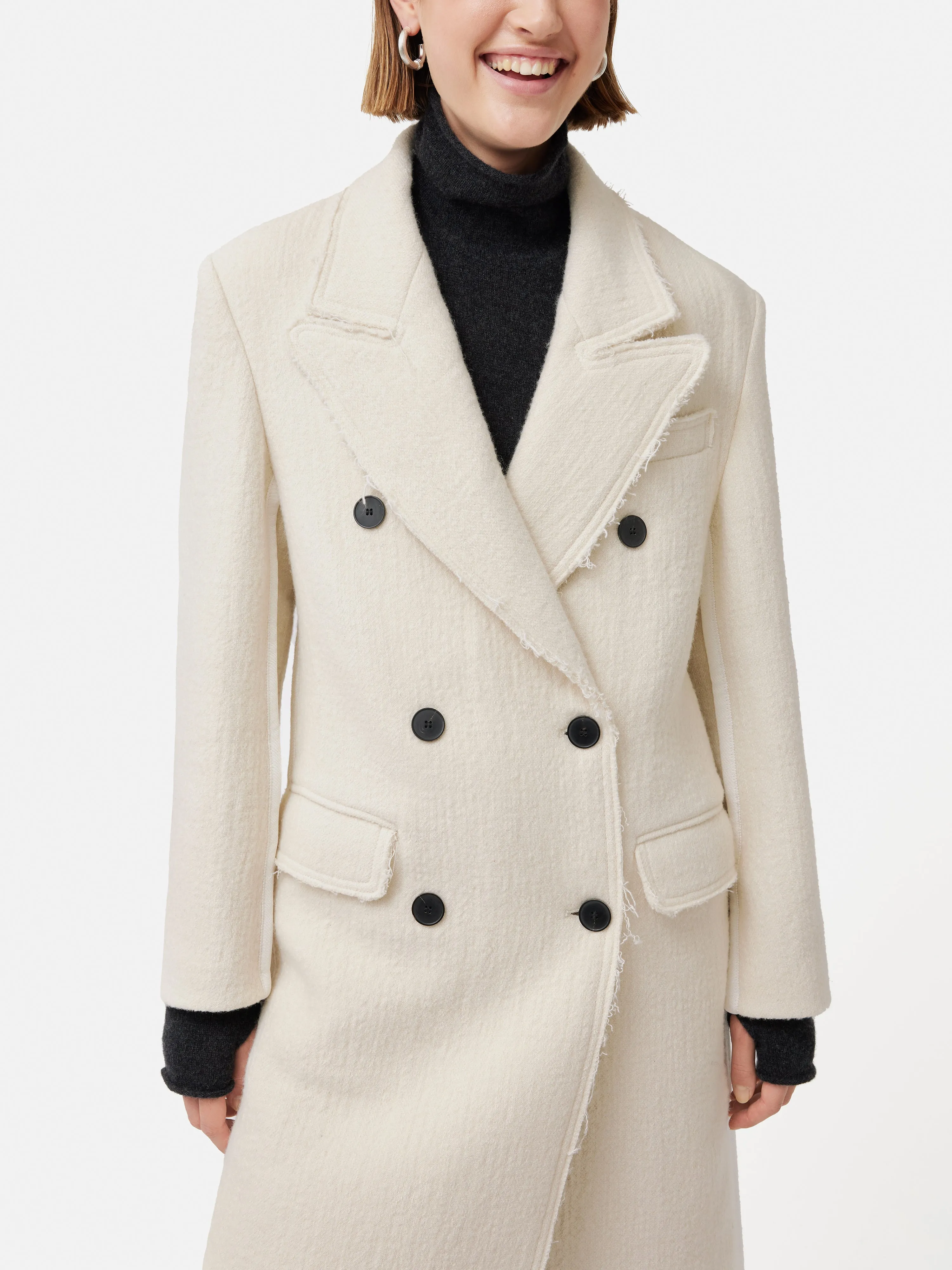 Italian Wool Frayed Edge Coat | Cream