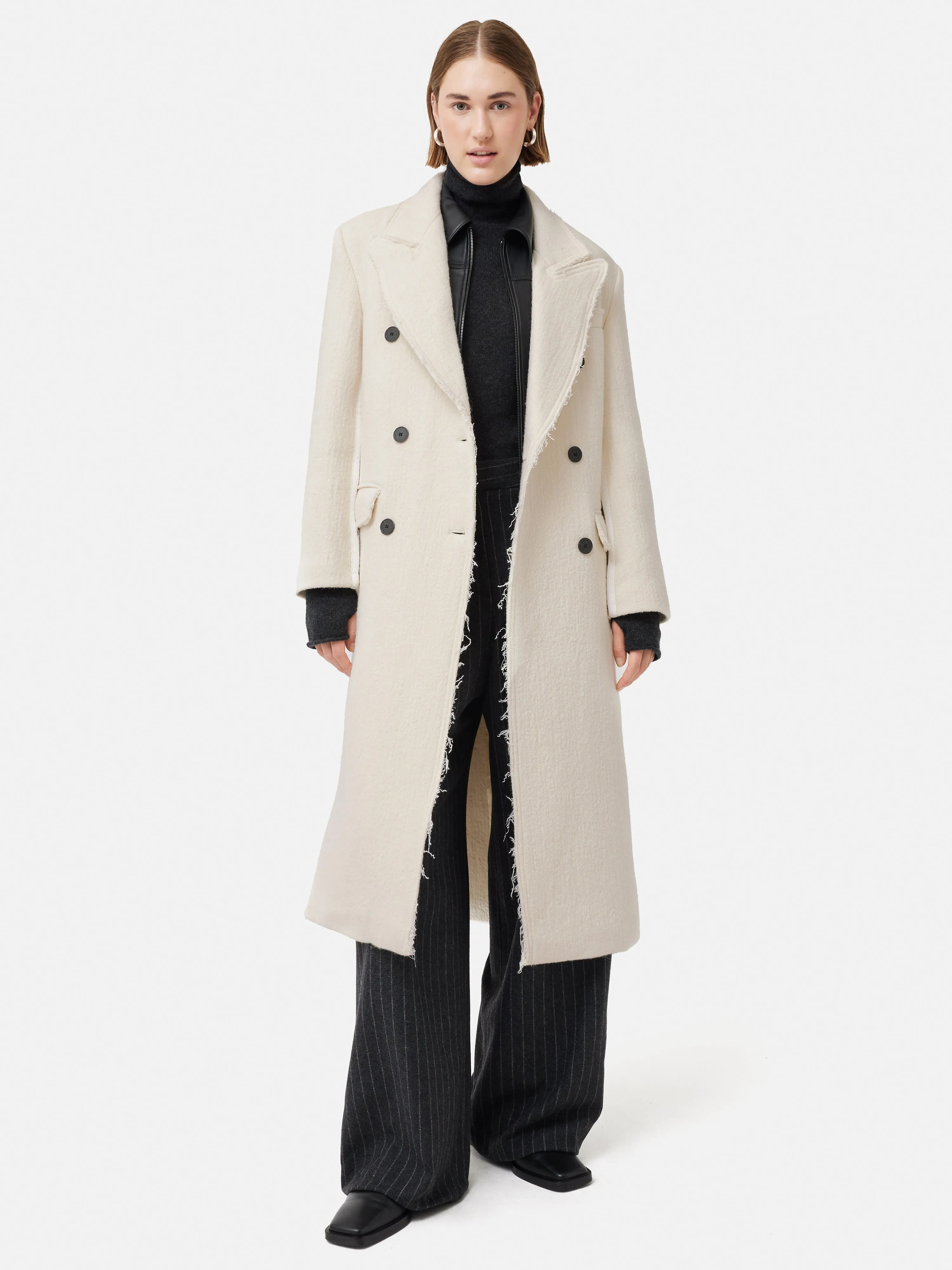 Italian Wool Frayed Edge Coat | Cream