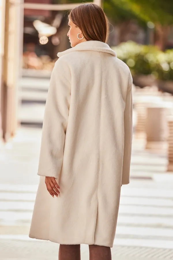 Relaxed Fit Longline Faux Fur Coat in Ivory