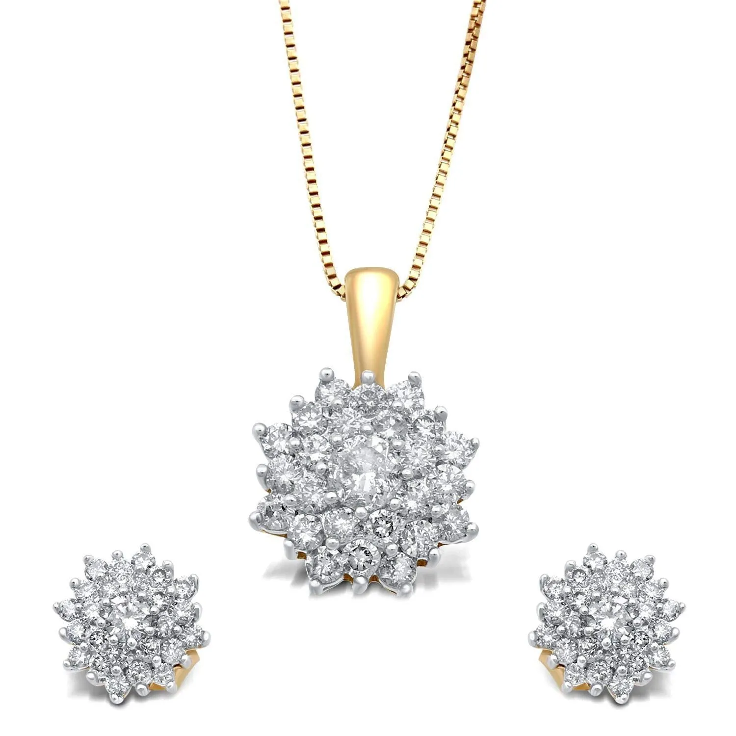 Jewelili 10K Yellow Gold with 1.00 CTTW Natural White Round Shape Diamonds Cluster Pendant Necklace and Earrings Set