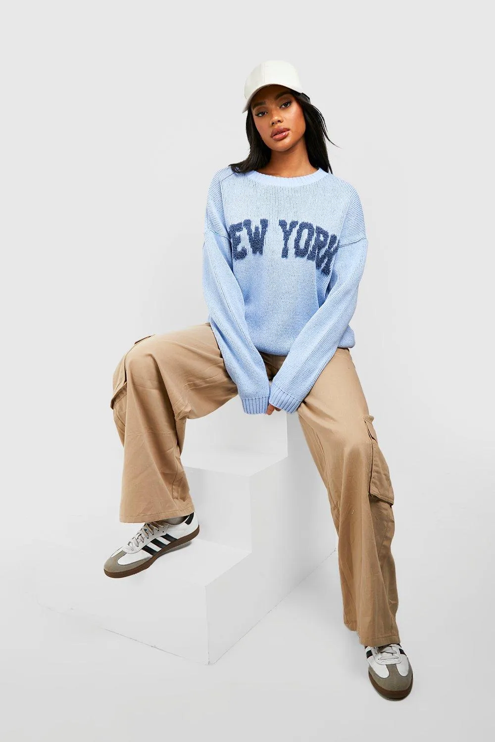 Jumpers & Cardigans | Textured New York Slogan Jumper | boohoo