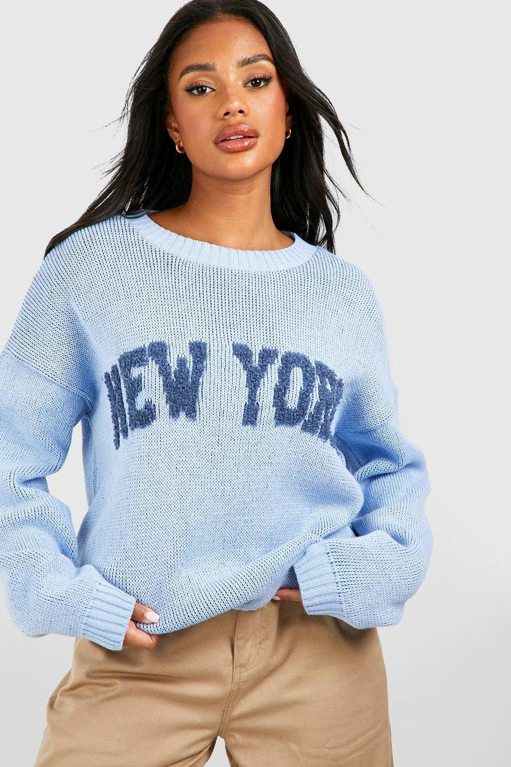 Jumpers & Cardigans | Textured New York Slogan Jumper | boohoo