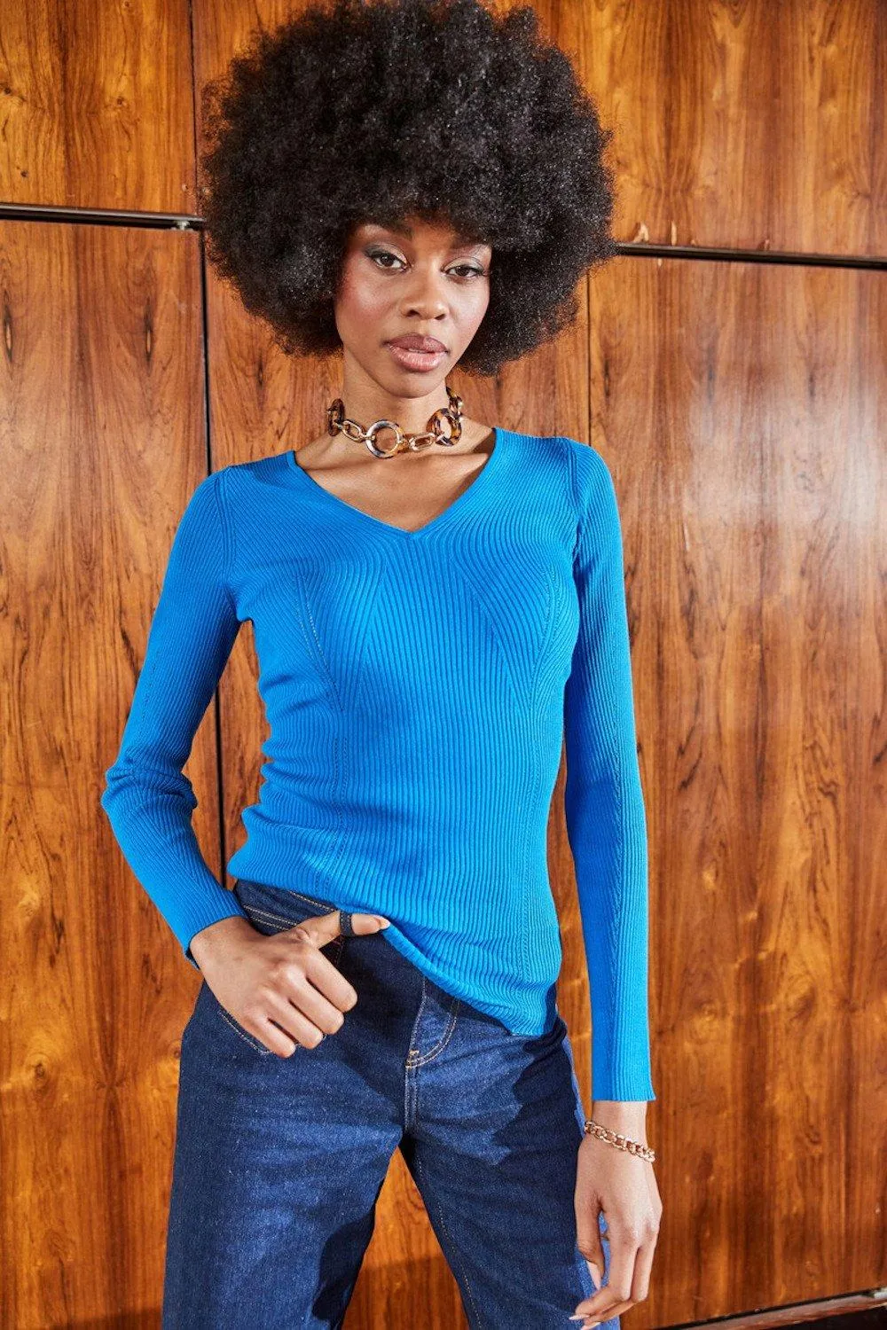 V Neck Blue Ribbed Knitted Jumper by ANOTHER SUNDAY