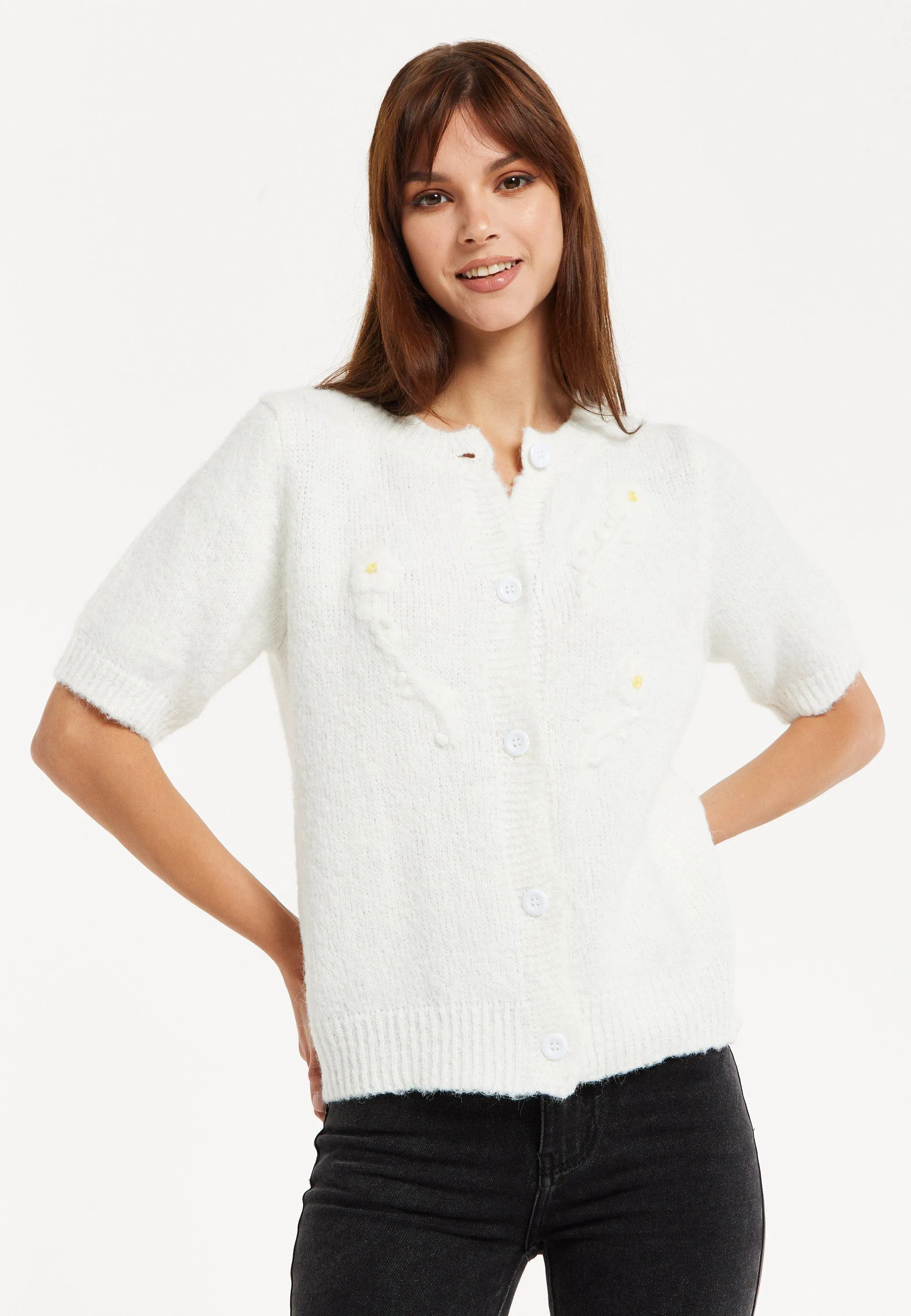 Jumpers & Cardigans | White Knitted Floral Short Sleeve Cardigan | Liquorish