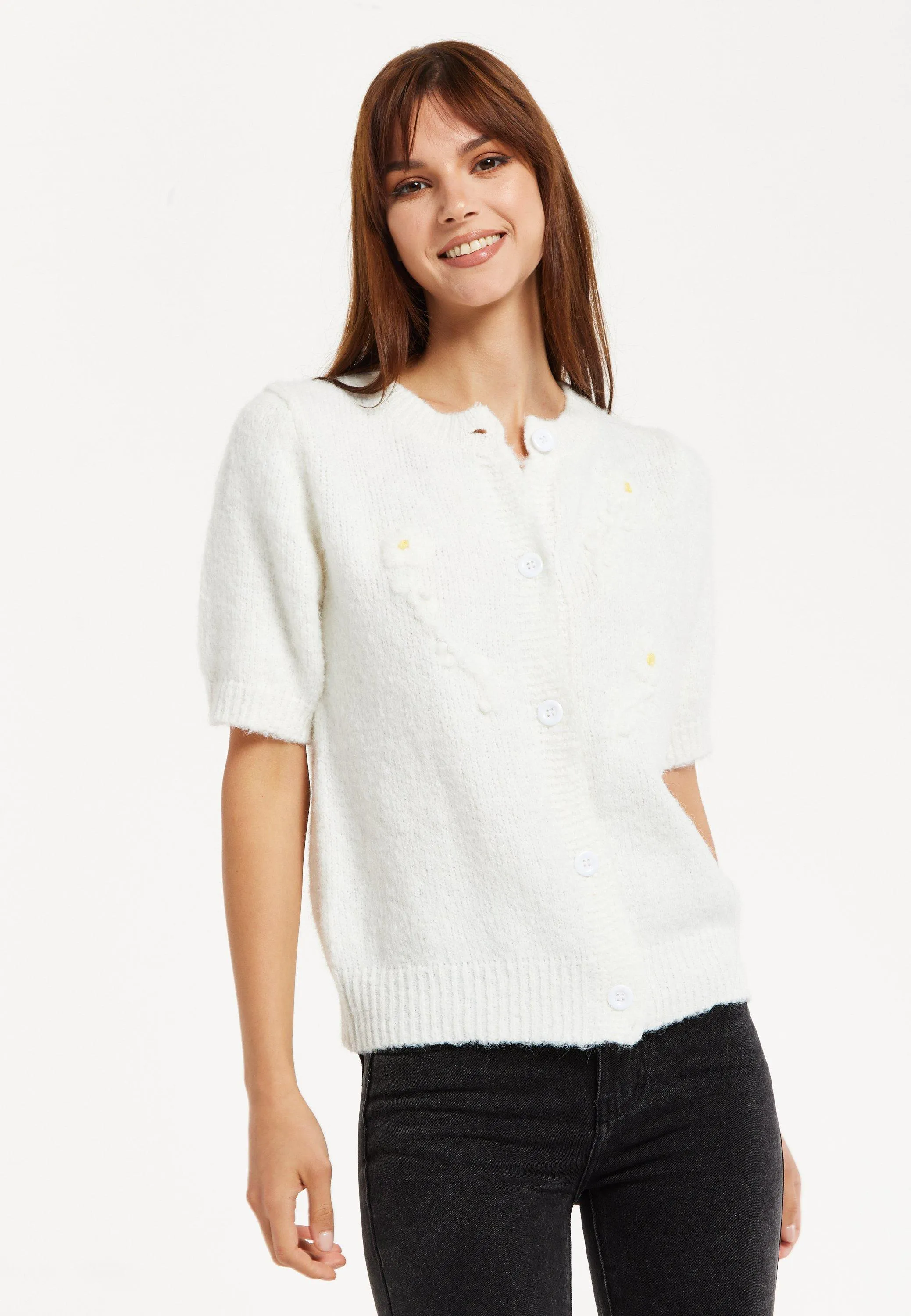 Jumpers & Cardigans | White Knitted Floral Short Sleeve Cardigan | Liquorish