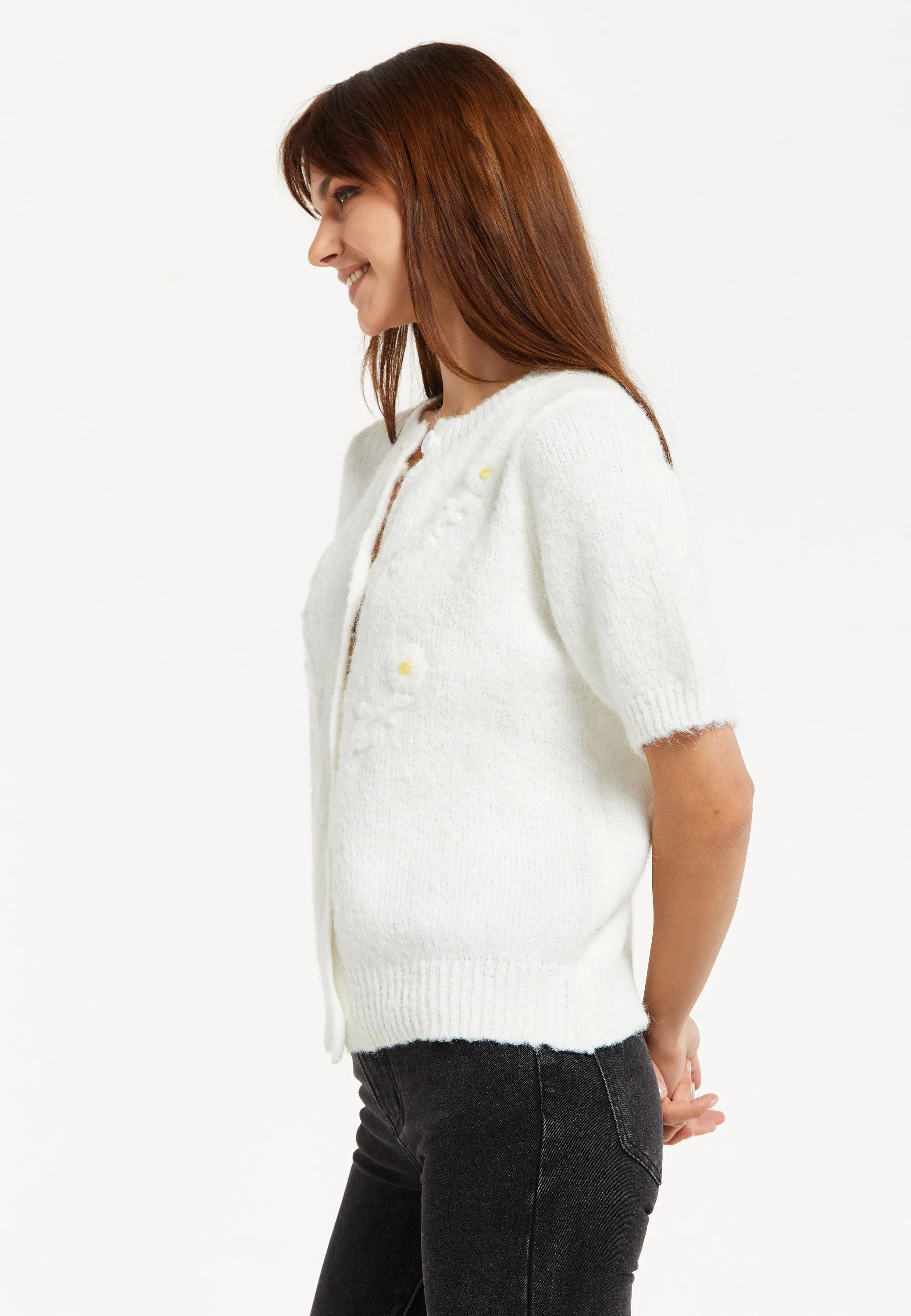 Jumpers & Cardigans | White Knitted Floral Short Sleeve Cardigan | Liquorish