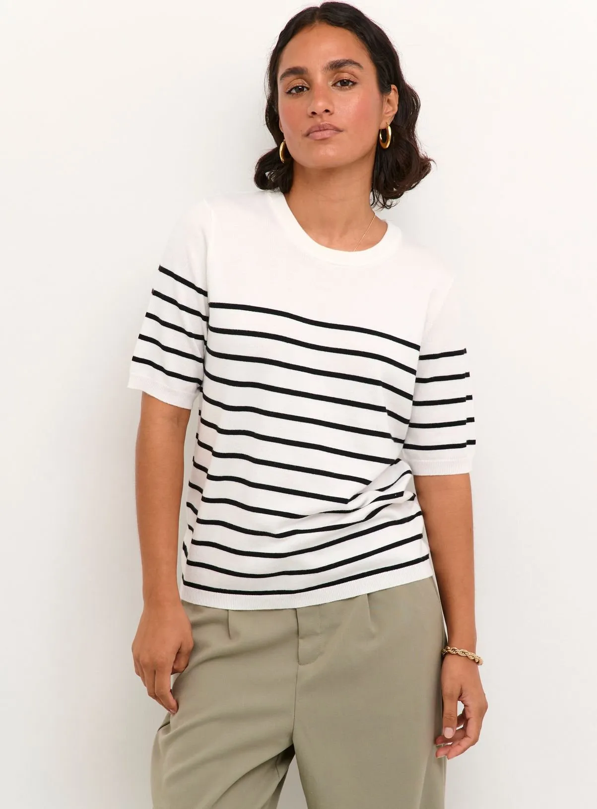 KAFFE Lizza Short Sleeve Striped Pullover White M Jumpers.