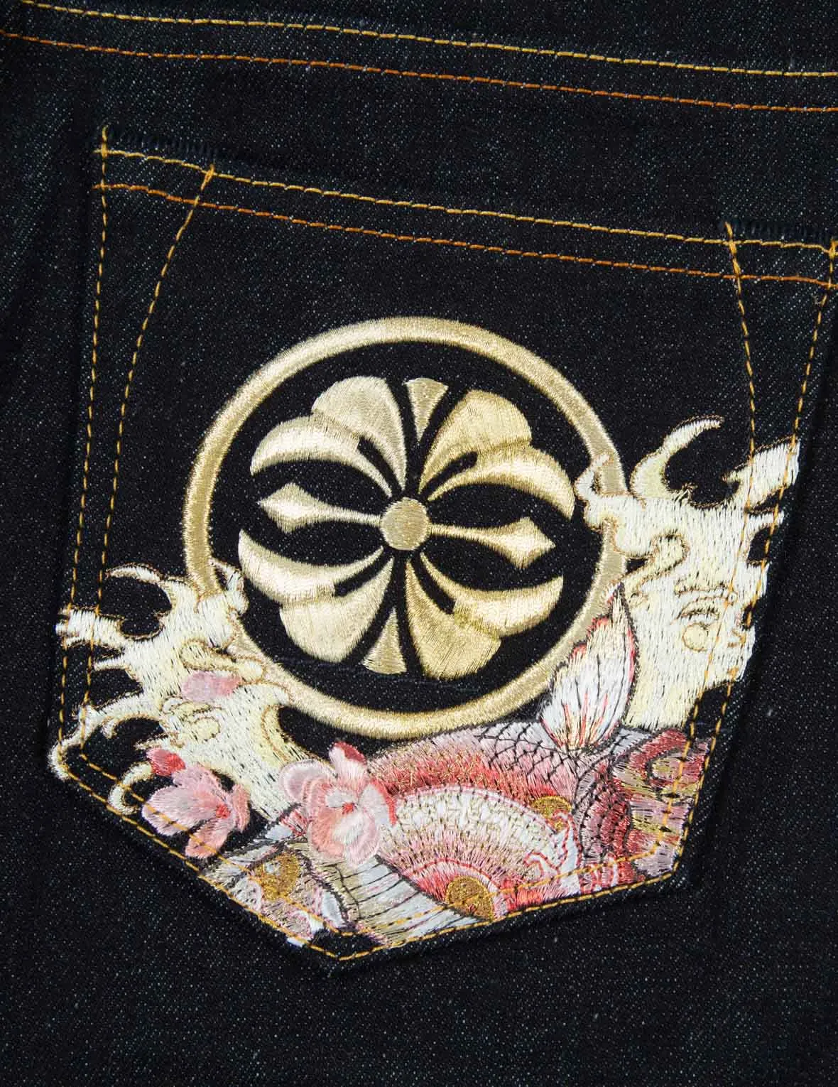 Kamon and “Koi playing in the Waves” Embroidery Straight-leg Jeans