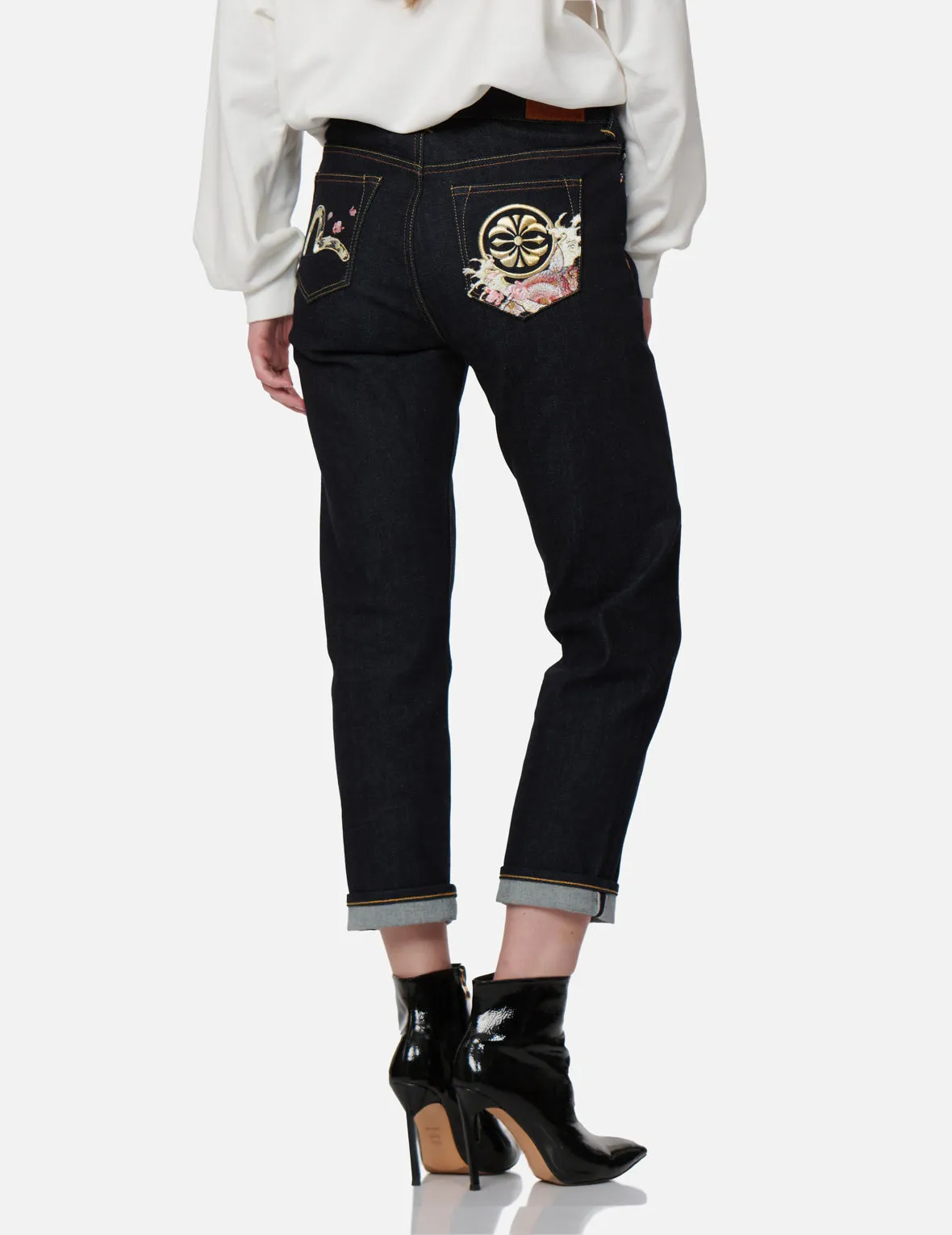 Kamon and “Koi playing in the Waves” Embroidery Straight-leg Jeans