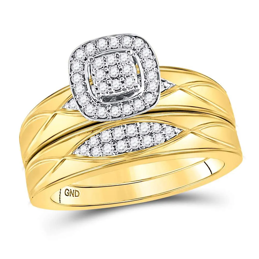 Keene Jewelers 10kt Yellow Gold His Hers Round Diamond Cluster Matching Wedding Set 3/8 Cttw