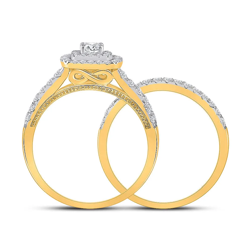 Keene Jewelers 10kt Yellow Gold Round Diamond Halo Bridal Wedding Ring Band Set 1 Cttw