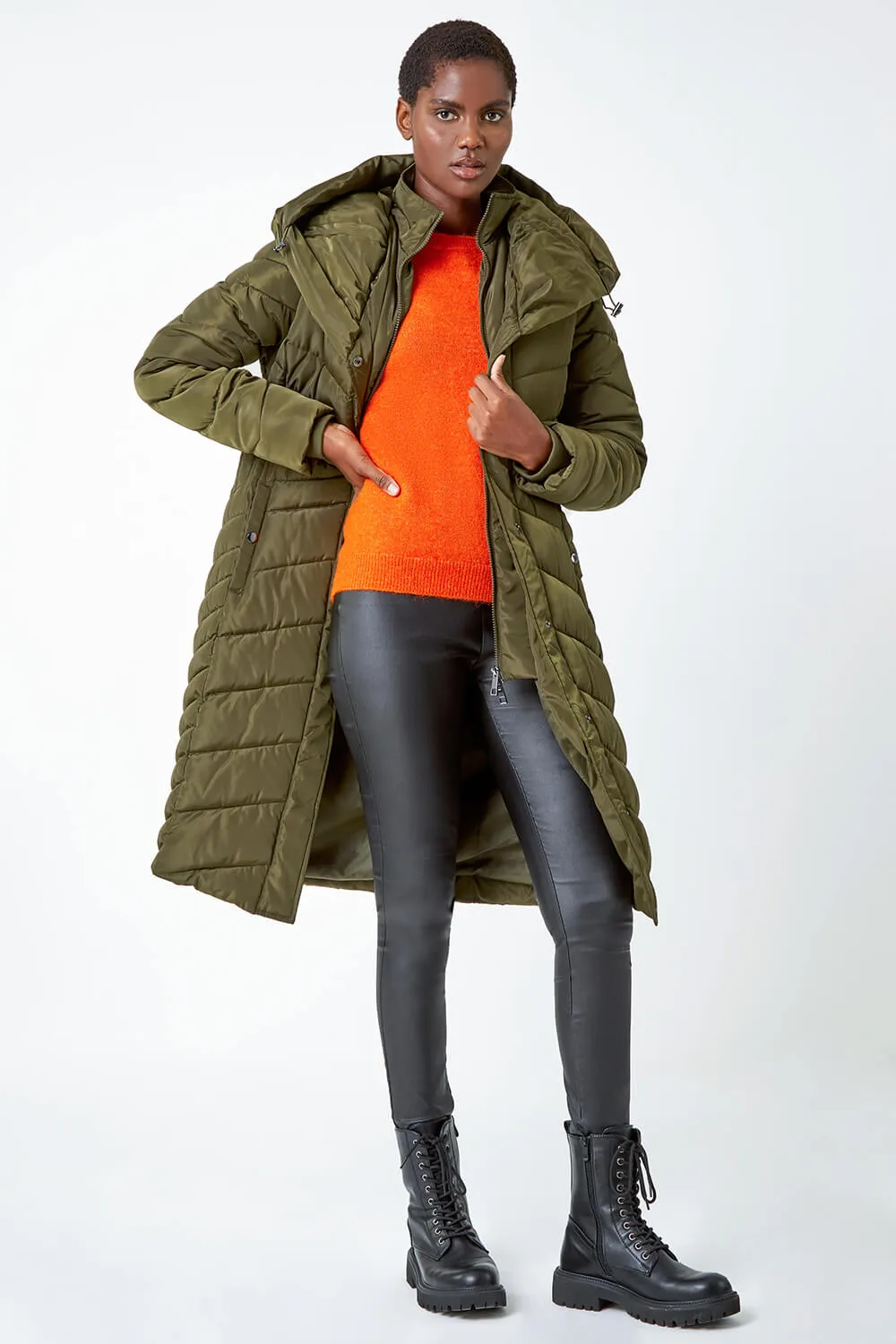 Hooded Quilted Longline Coat in Khaki by Roman UK