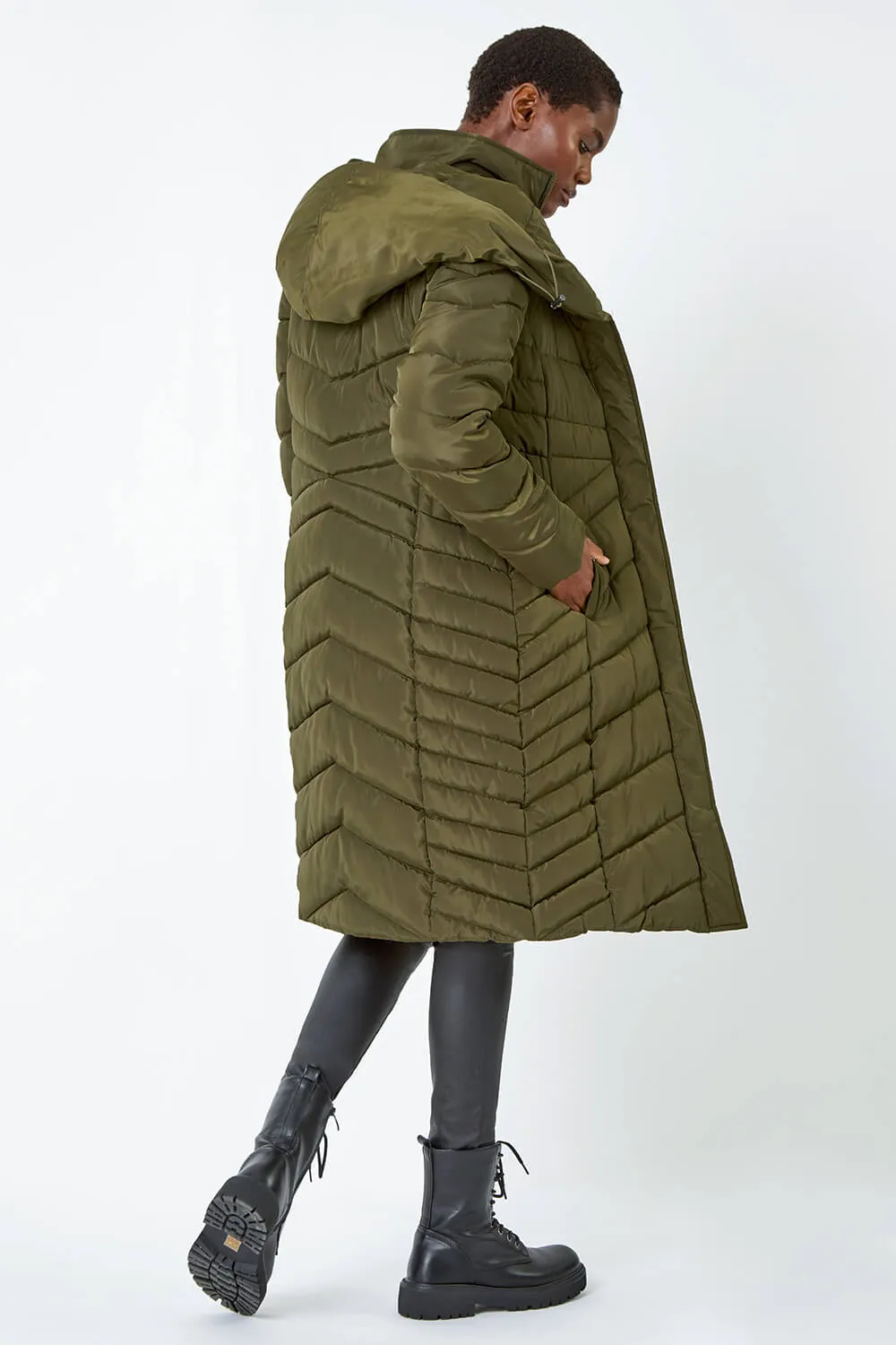 Hooded Quilted Longline Coat in Khaki by Roman UK