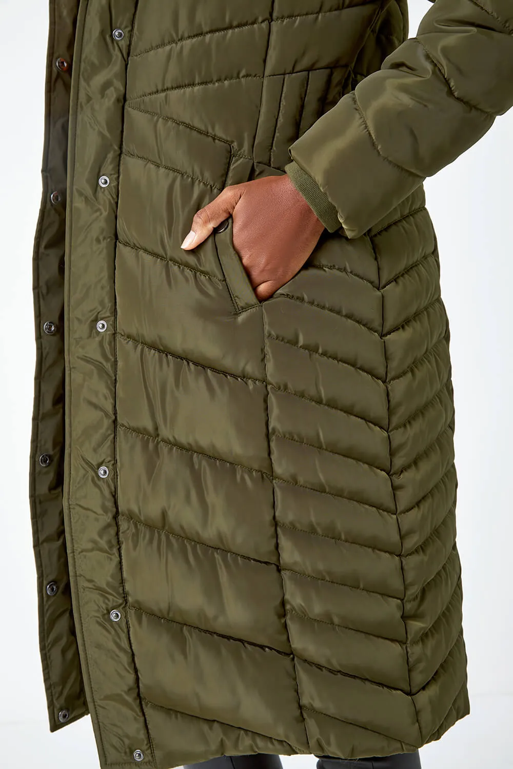 Hooded Quilted Longline Coat in Khaki by Roman UK