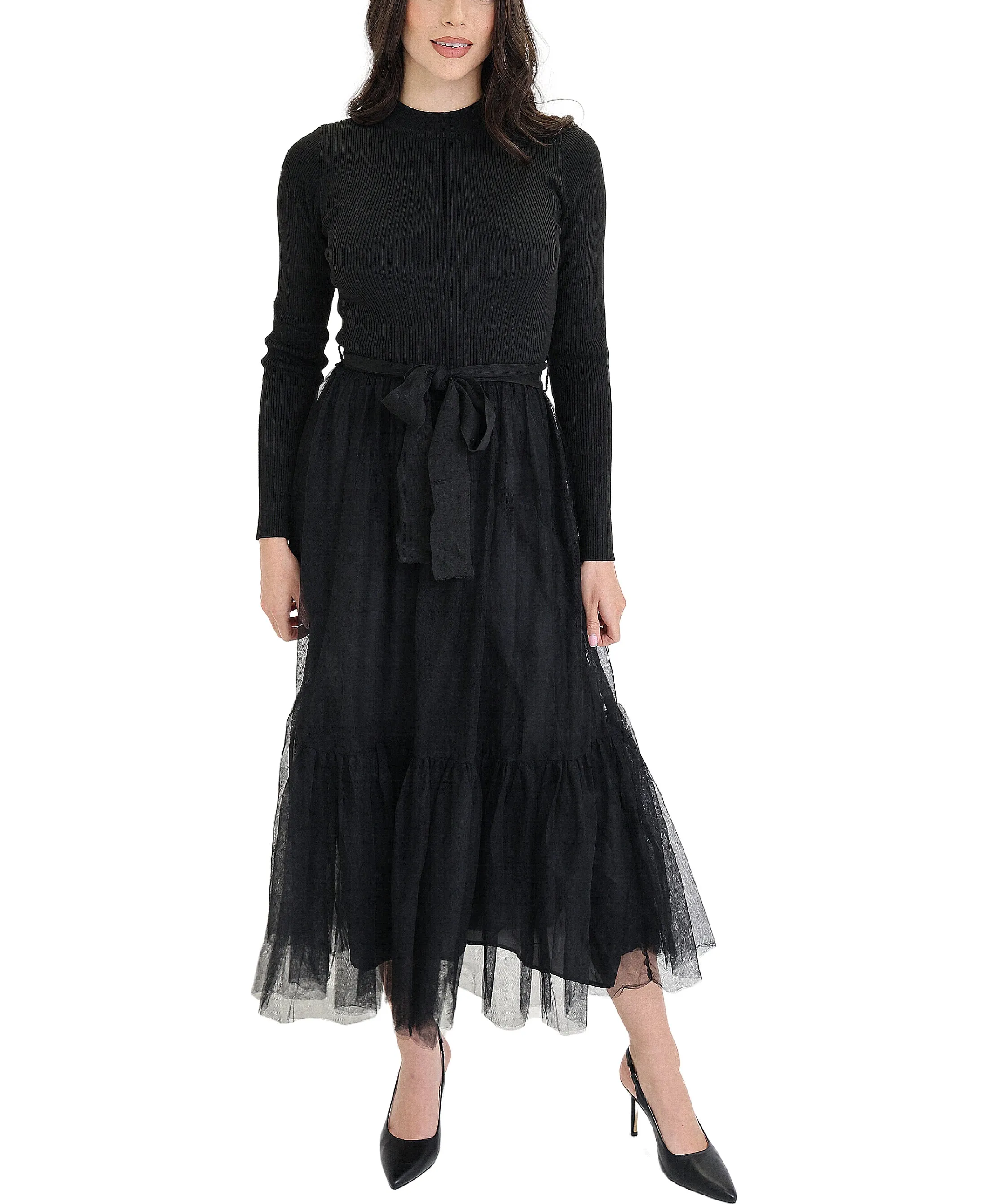 Knit Ribbed Tulle Midi Dress