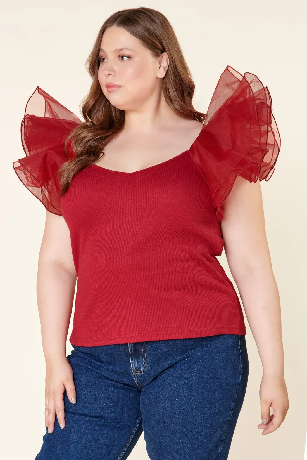 Lennon Ribbed Knit Puff Sleeve Top Curve