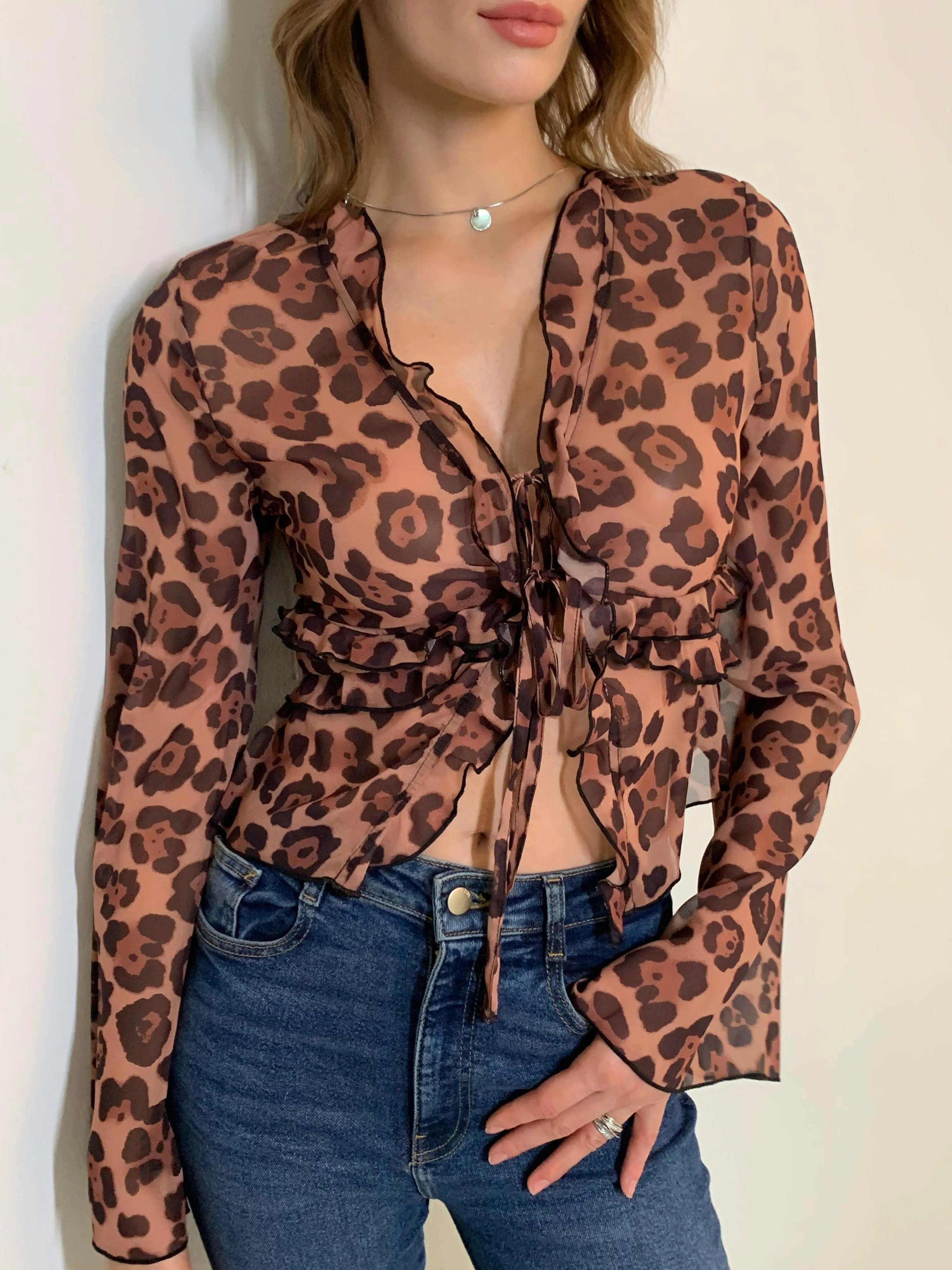 Leopard Print Semi-Sheer Ruffle V-neck Shirt