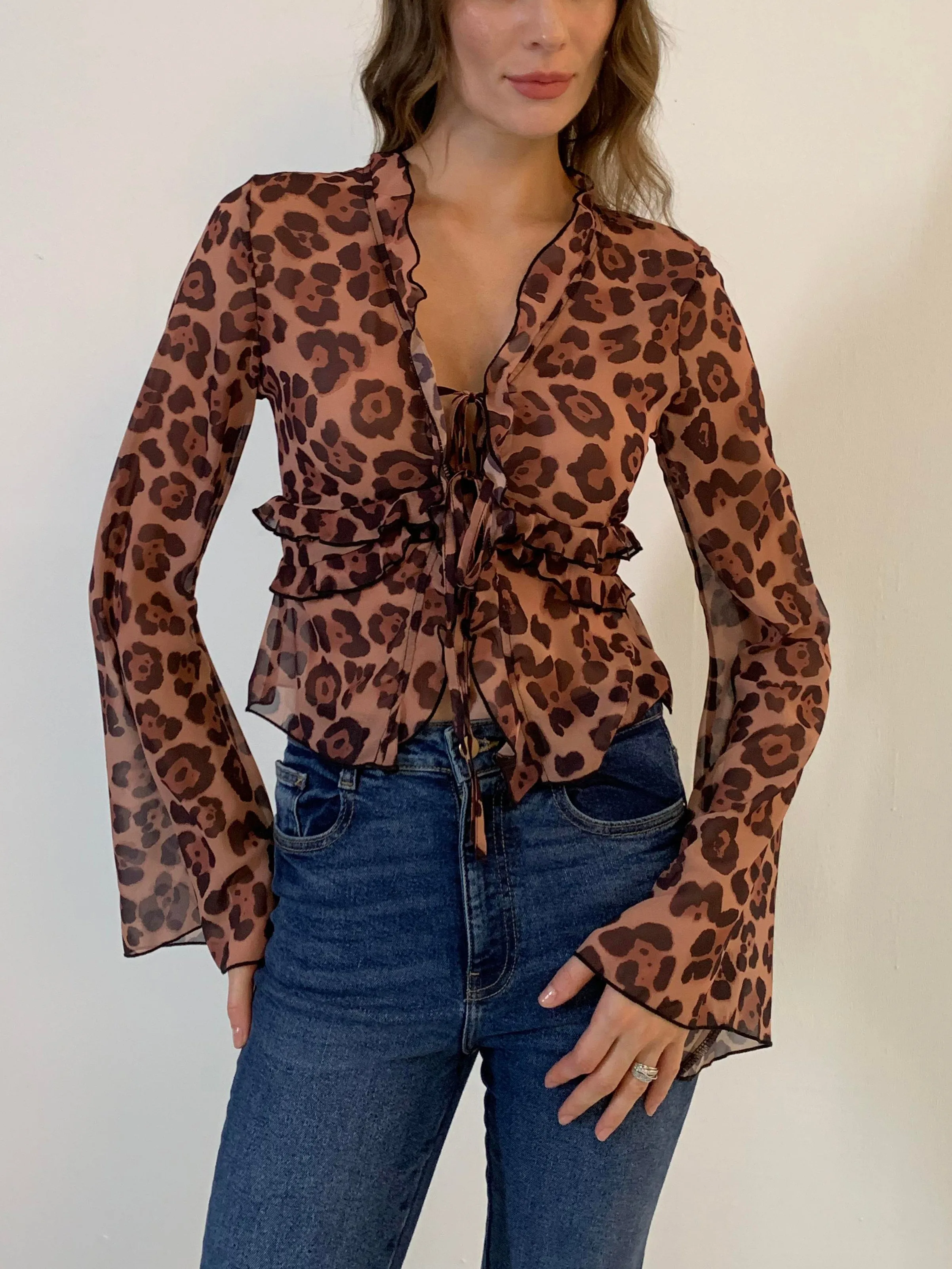 Leopard Print Semi-Sheer Ruffle V-neck Shirt