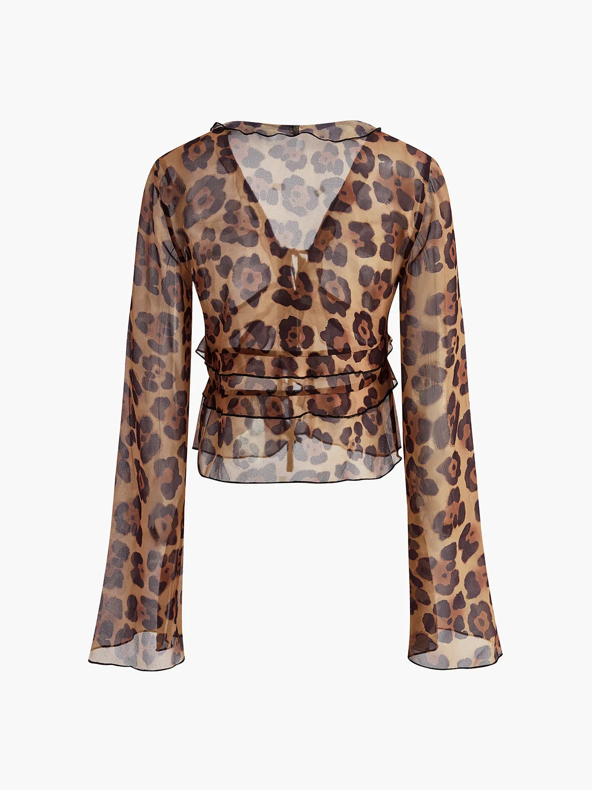 Leopard Print Semi-Sheer Ruffle V-neck Shirt