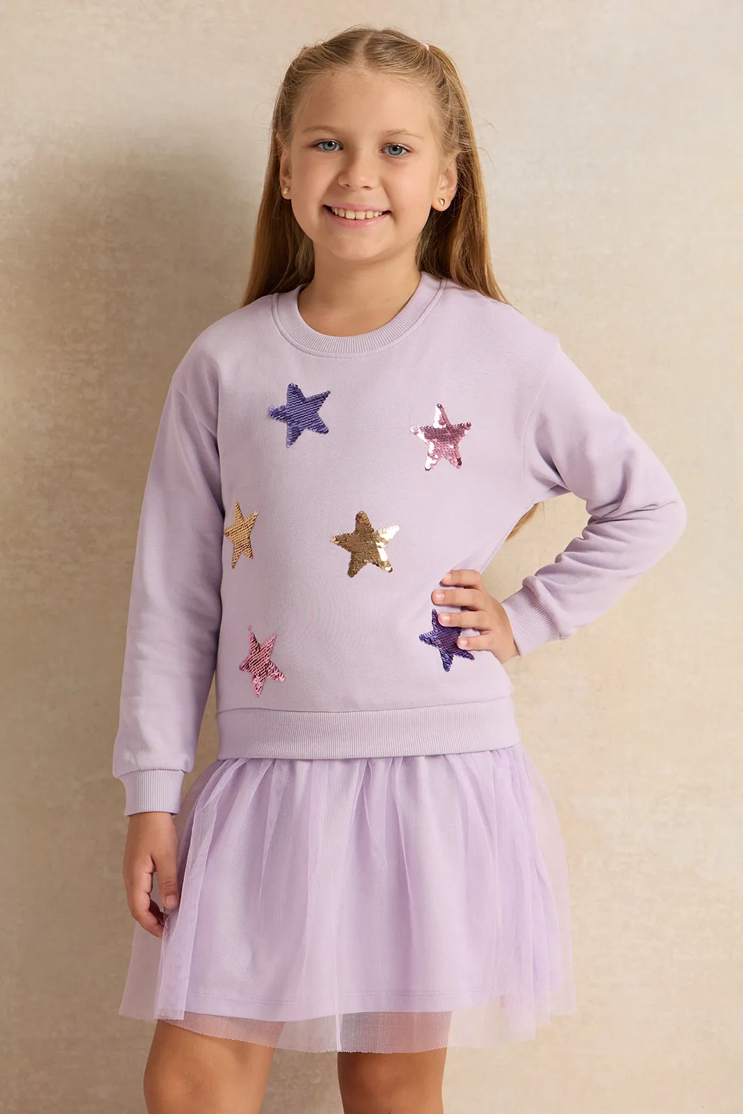 Lilac Knit Dress With Stars Sequins