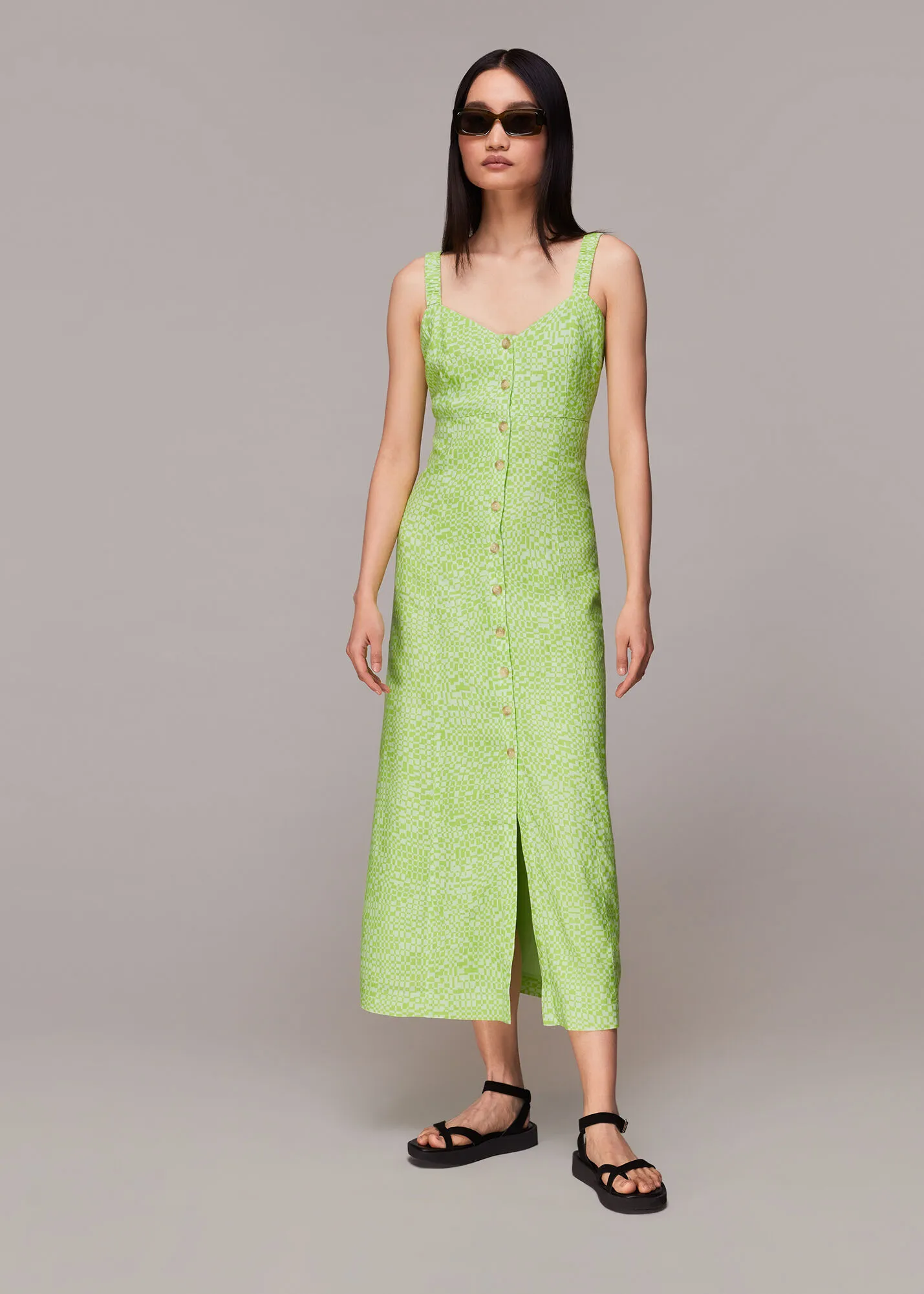 Lime Warped Checkerboard Midi Dress