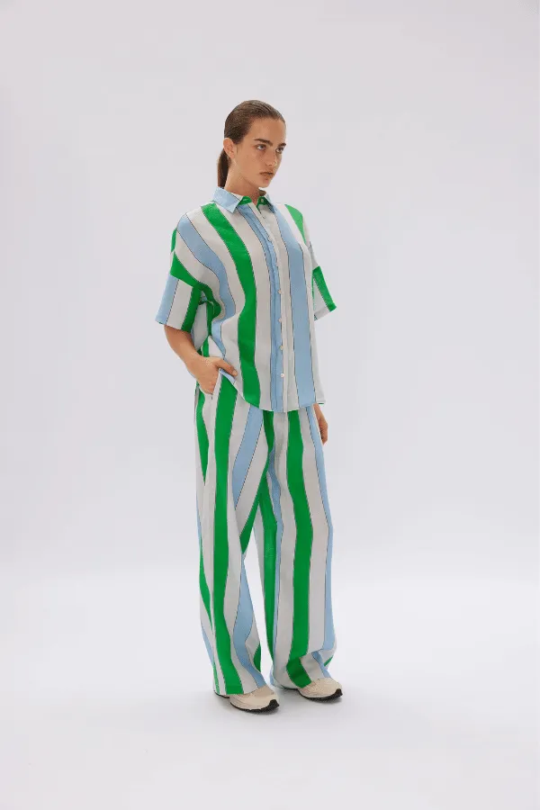 Marala Linen Shirt Verde Azure Stripe - Short Sleeve