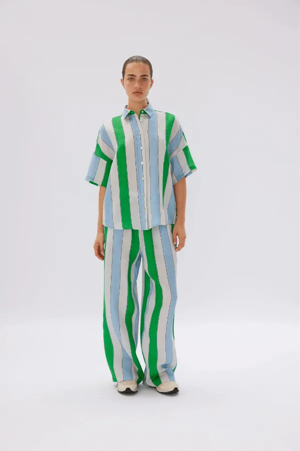 Marala Linen Shirt Verde Azure Stripe - Short Sleeve