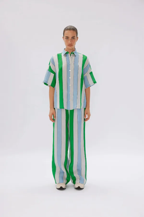 Marala Linen Shirt Verde Azure Stripe - Short Sleeve